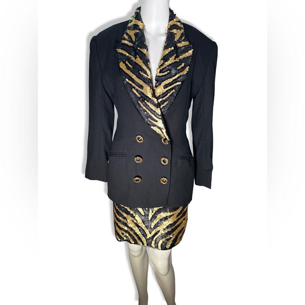 Lillie Rubin Vintage Skirt Suit Sz 4 Black Animal Print Tiger Beaded Glam Formal